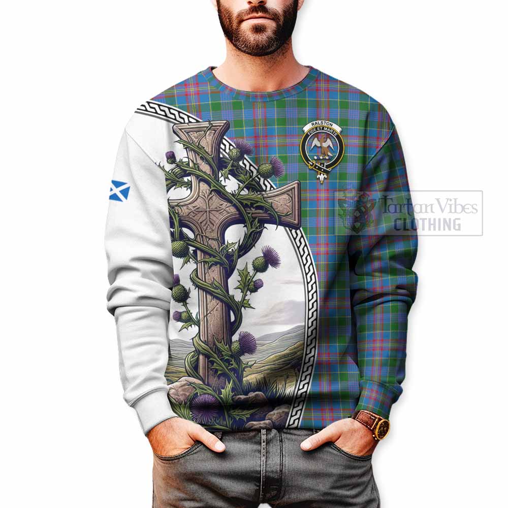 Tartan Vibes Clothing Ralston Tartan Sweatshirt with Family Crest and St. Andrew's Cross Accented by Thistle Vines