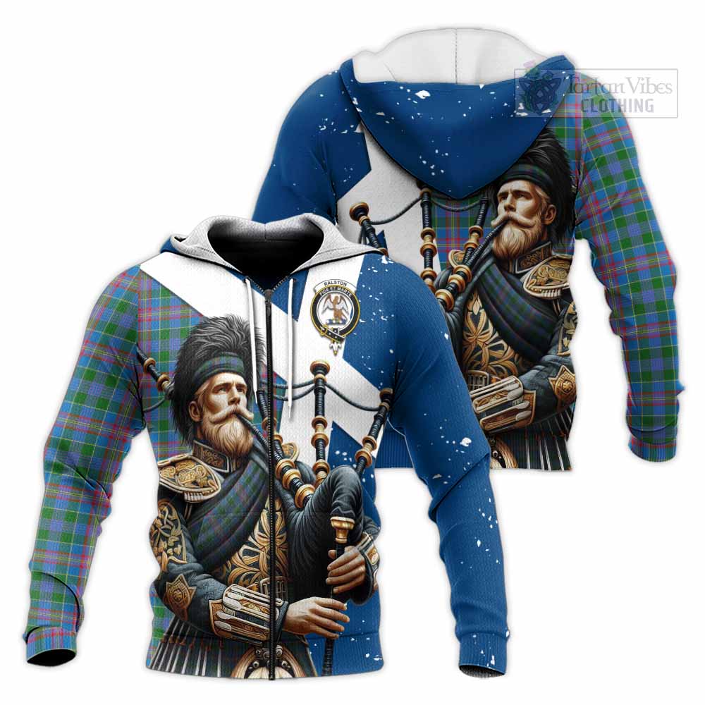 Tartan Vibes Clothing Ralston Tartan Knitted Hoodie with Family Crest Scottish Bagpiper Vibes