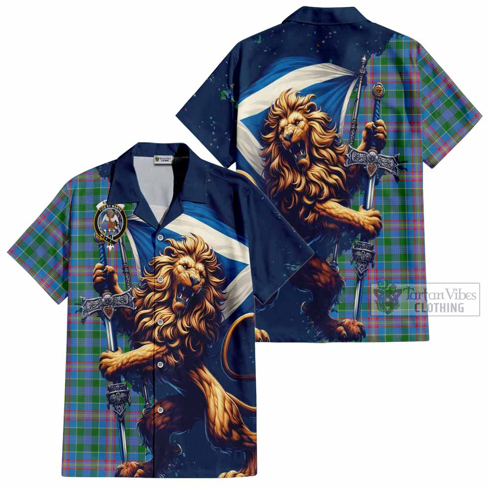 Tartan Vibes Clothing Ralston Tartan Family Crest Short Sleeve Button Shirt with Scottish Majestic Lion