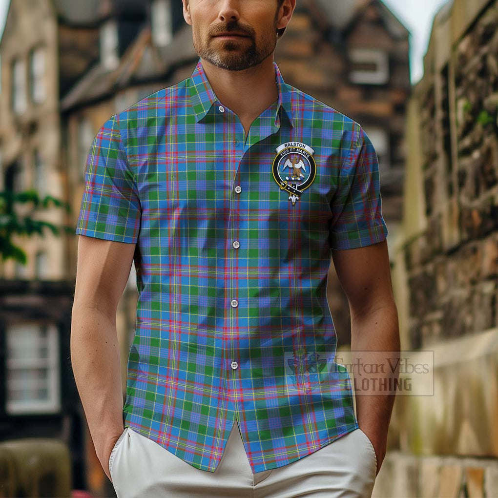 Tartan Vibes Clothing Ralston Tartan Short Sleeve Button Shirt with Family Crest and Bearded Skull Holding Bottles of Whiskey