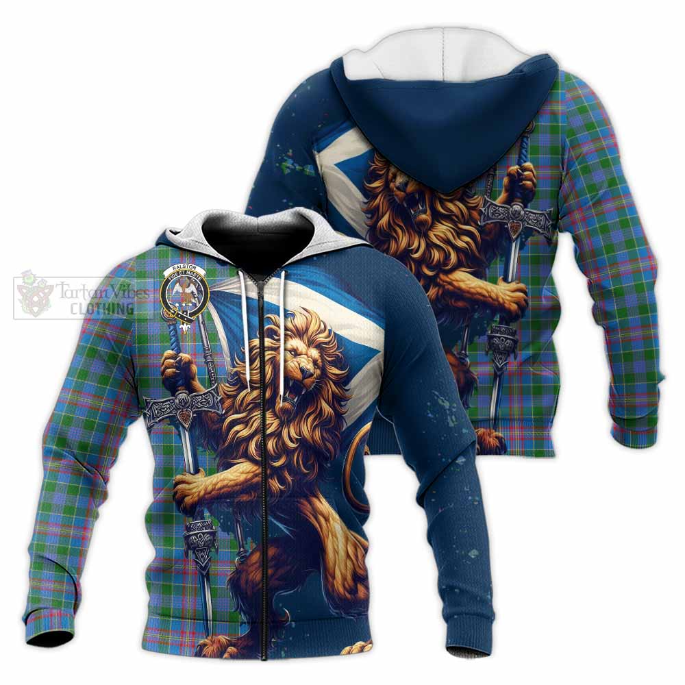 Tartan Vibes Clothing Ralston Tartan Family Crest Knitted Hoodie with Scottish Majestic Lion