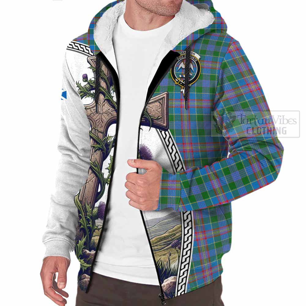 Tartan Vibes Clothing Ralston Tartan Sherpa Hoodie with Family Crest and St. Andrew's Cross Accented by Thistle Vines