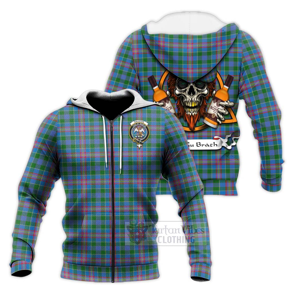 Tartan Vibes Clothing Ralston Tartan Knitted Hoodie with Family Crest and Bearded Skull Holding Bottles of Whiskey