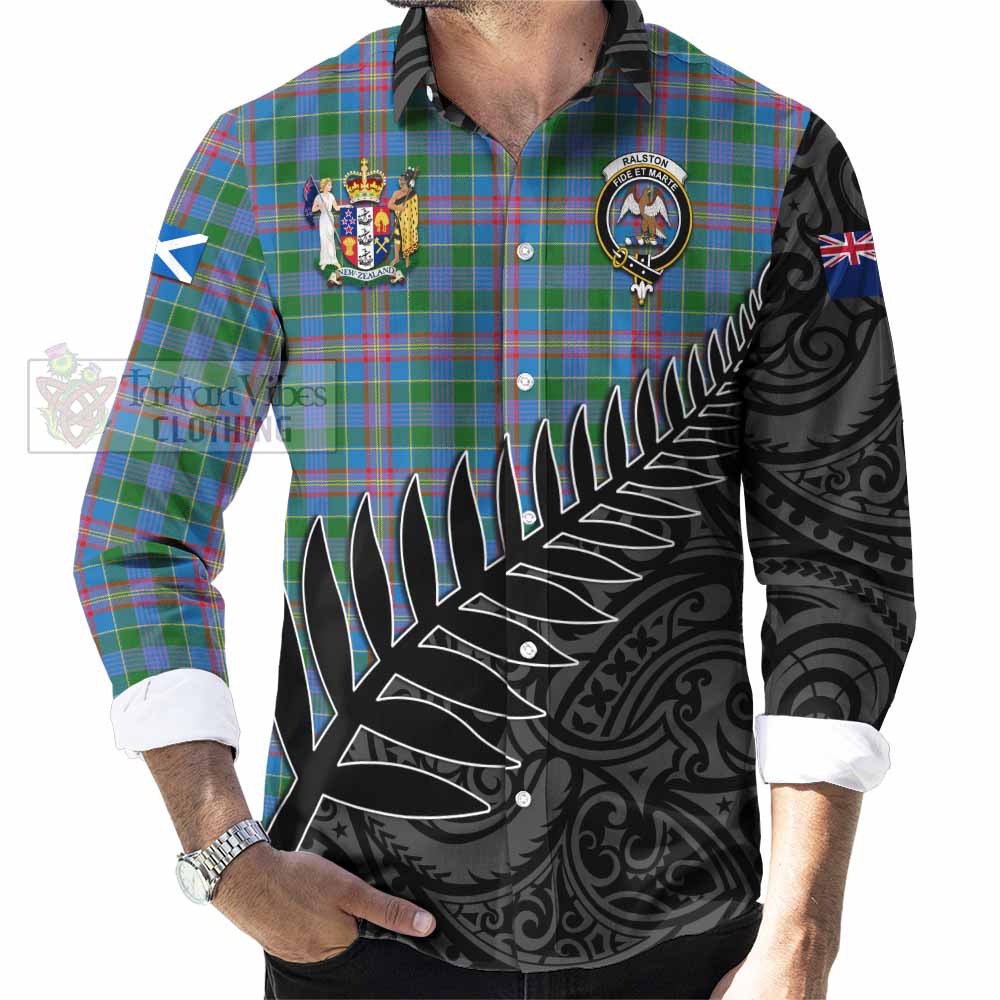 Tartan Vibes Clothing Ralston Crest Tartan Long Sleeve Button Shirt with New Zealand Silver Fern Half Style