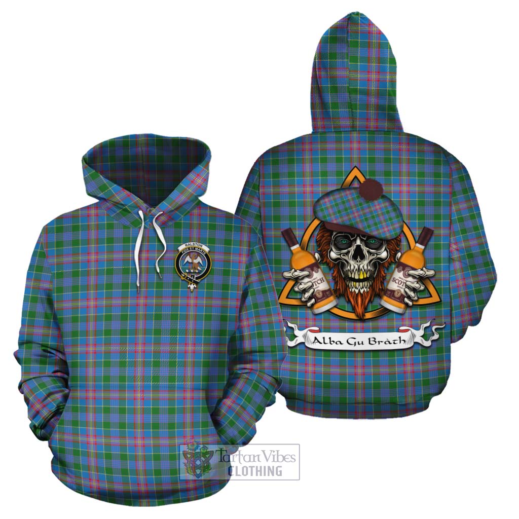 Tartan Vibes Clothing Ralston Tartan Cotton Hoodie with Family Crest and Bearded Skull Holding Bottles of Whiskey