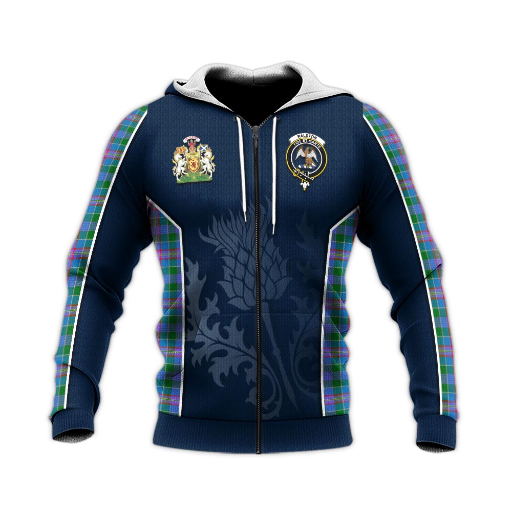 Tartan Vibes Clothing Ralston Tartan Knitted Hoodie with Family Crest and Scottish Thistle Vibes Sport Style