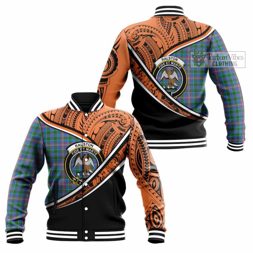 Tartan Vibes Clothing Ralston Crest Tartan Baseball Jacket with Maori Tattoo Style - Orange Version