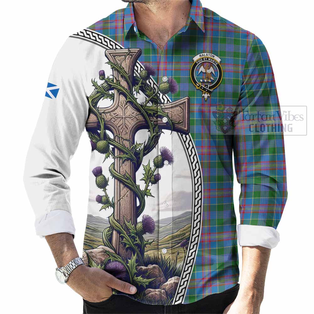 Tartan Vibes Clothing Ralston Tartan Long Sleeve Button Shirt with Family Crest and St. Andrew's Cross Accented by Thistle Vines