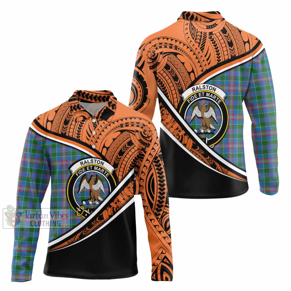 Tartan Vibes Clothing Ralston Crest Tartan Long Sleeve Polo Shirt with Maori Tattoo Style - Orange Version