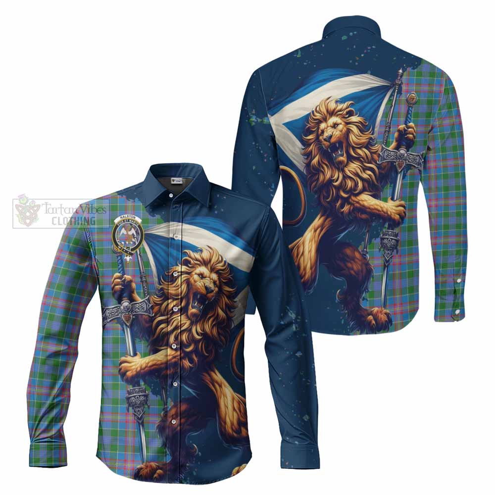 Tartan Vibes Clothing Ralston Tartan Family Crest Long Sleeve Button Shirt with Scottish Majestic Lion