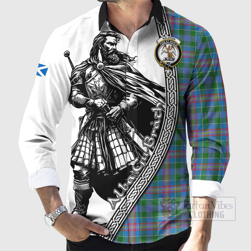 Tartan Vibes Clothing Ralston Tartan Clan Crest Long Sleeve Button Shirt with Highlander Warrior Celtic Style