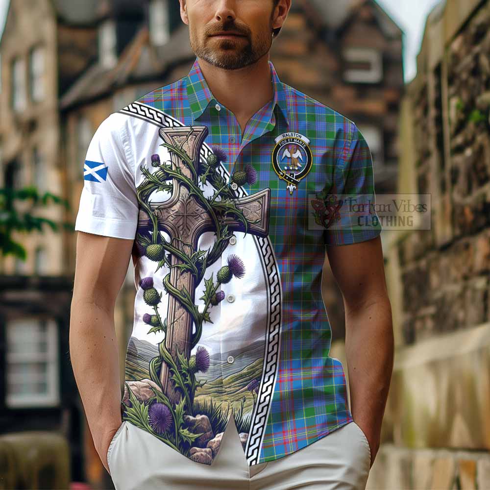 Tartan Vibes Clothing Ralston Tartan Short Sleeve Button Shirt with Family Crest and St. Andrew's Cross Accented by Thistle Vines