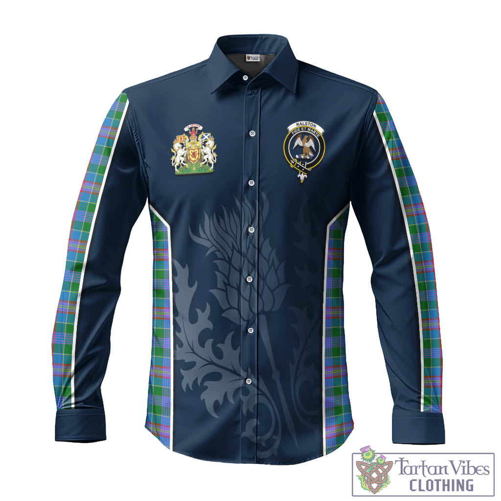 Tartan Vibes Clothing Ralston Tartan Long Sleeve Button Up Shirt with Family Crest and Scottish Thistle Vibes Sport Style