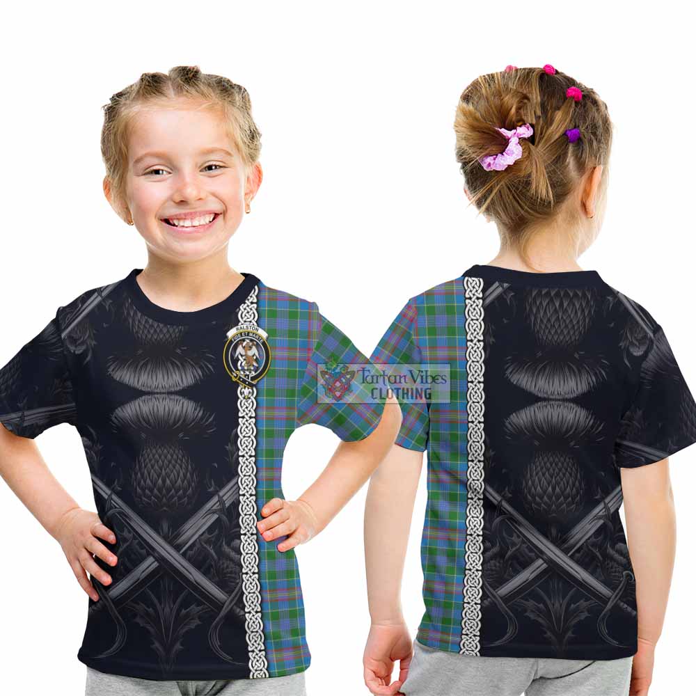 Tartan Vibes Clothing Ralston Tartan Kid T-Shirt with Family Crest Cross Sword Thistle Celtic Vibes