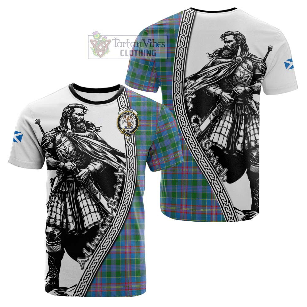 Ralston Tartan Clan Crest Cotton T-shirt with Highlander Warrior Celtic Style