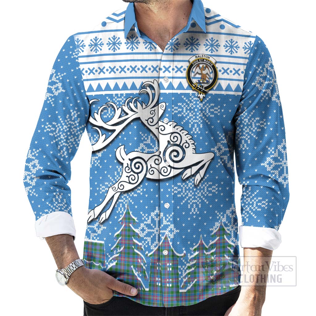 Tartan Vibes Clothing Ralston Clan Christmas Long Sleeve Button Shirt Celtic Reindeer Style