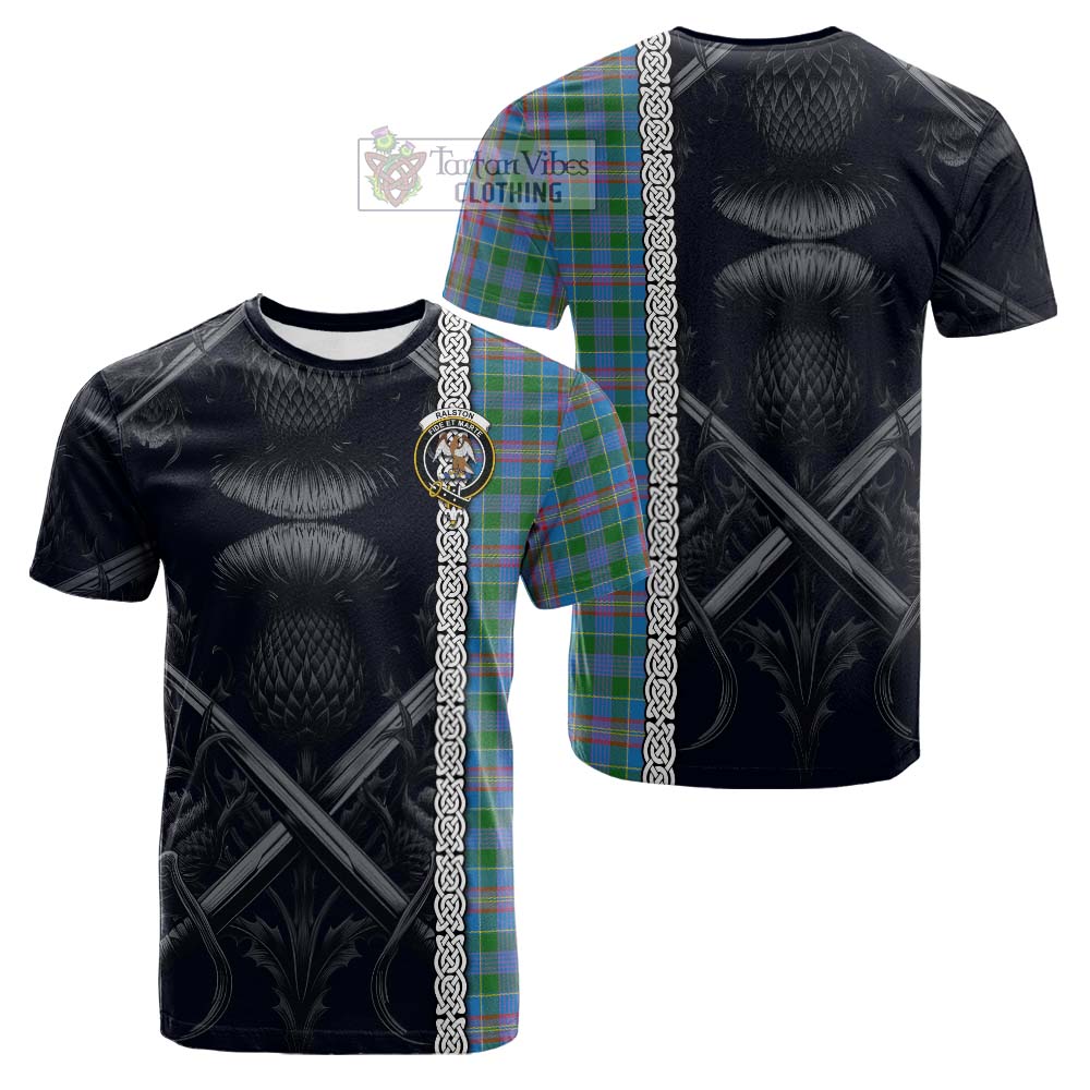 Tartan Vibes Clothing Ralston Tartan Cotton T-shirt with Family Crest Cross Sword Thistle Celtic Vibes