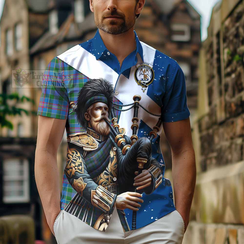 Tartan Vibes Clothing Ralston Tartan Short Sleeve Button Shirt with Family Crest Scottish Bagpiper Vibes