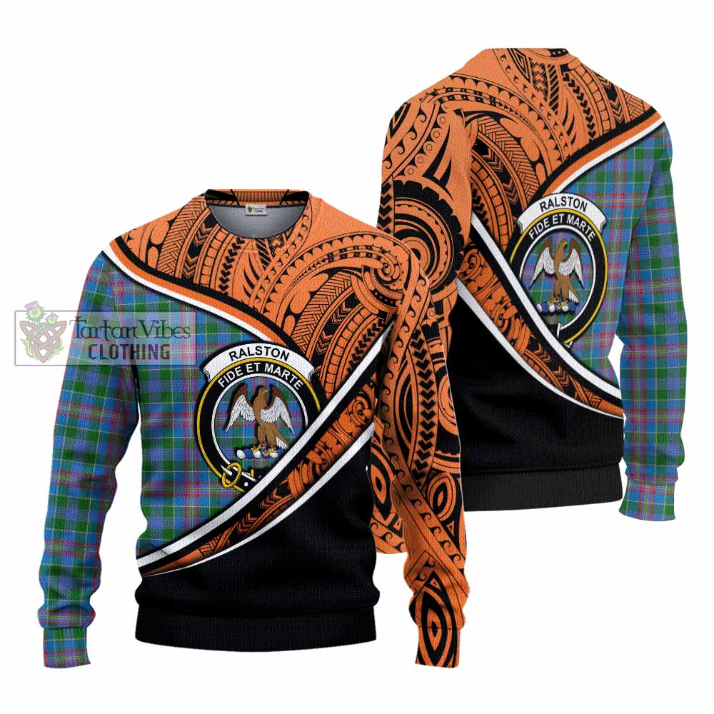 Tartan Vibes Clothing Ralston Crest Tartan Knitted Sweater with Maori Tattoo Style - Orange Version