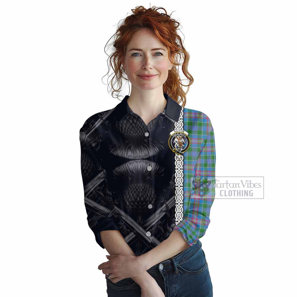 Tartan Vibes Clothing Ralston Tartan Women's Casual Shirt with Family Crest Cross Sword Thistle Celtic Vibes