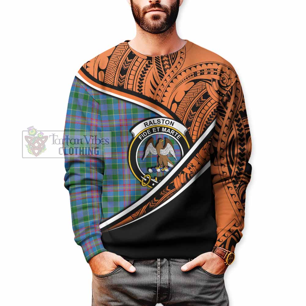 Tartan Vibes Clothing Ralston Crest Tartan Sweatshirt with Maori Tattoo Style - Orange Version