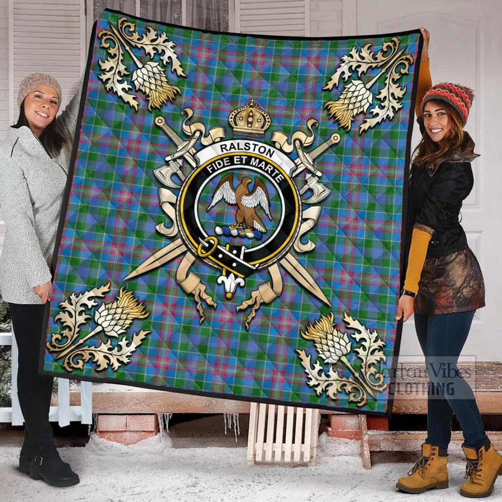 Tartan Vibes Clothing Ralston Tartan Quilt with Family Crest and Scottish Golden Courage Shield