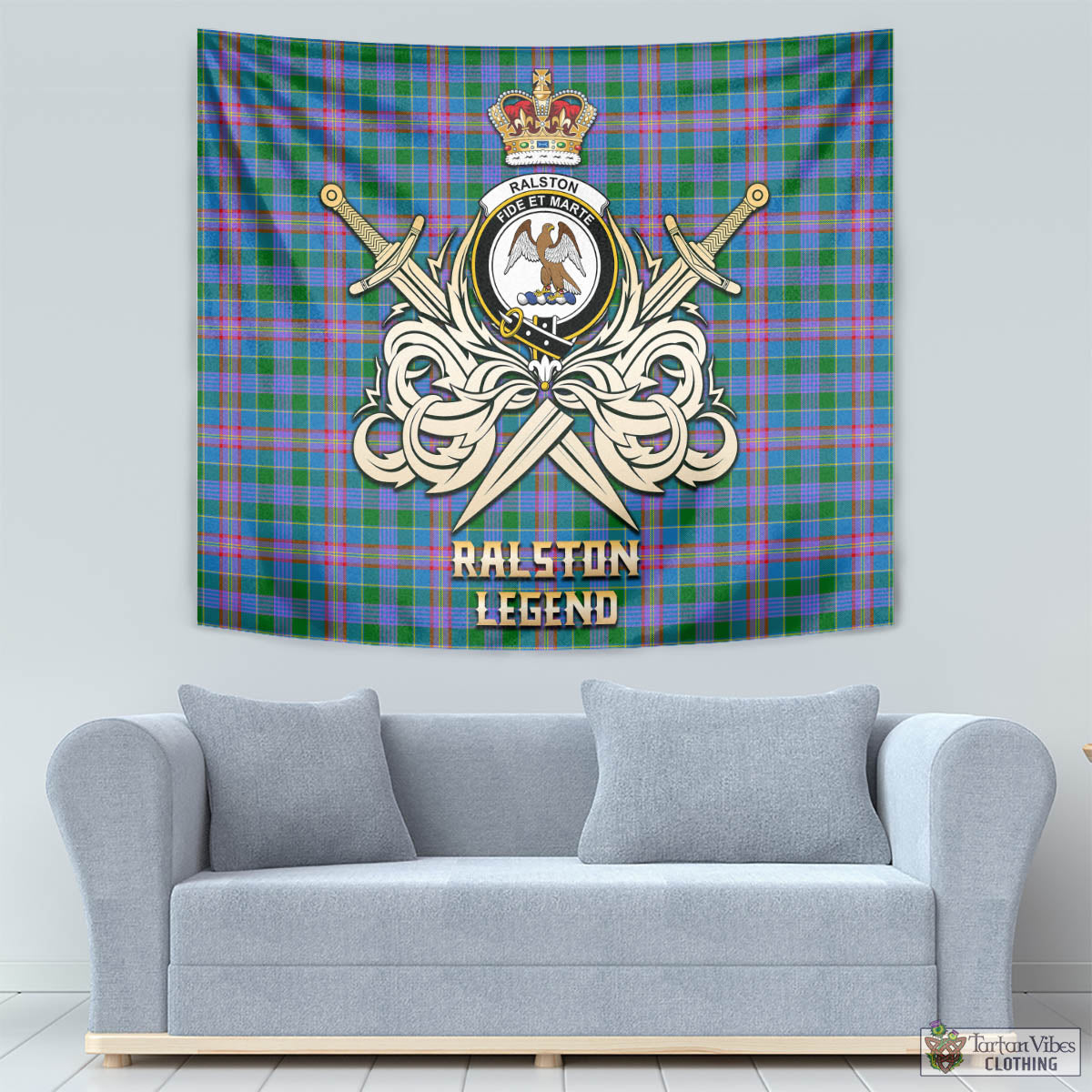 Tartan Vibes Clothing Ralston Tartan Tapestry with Clan Crest and the Golden Sword of Courageous Legacy