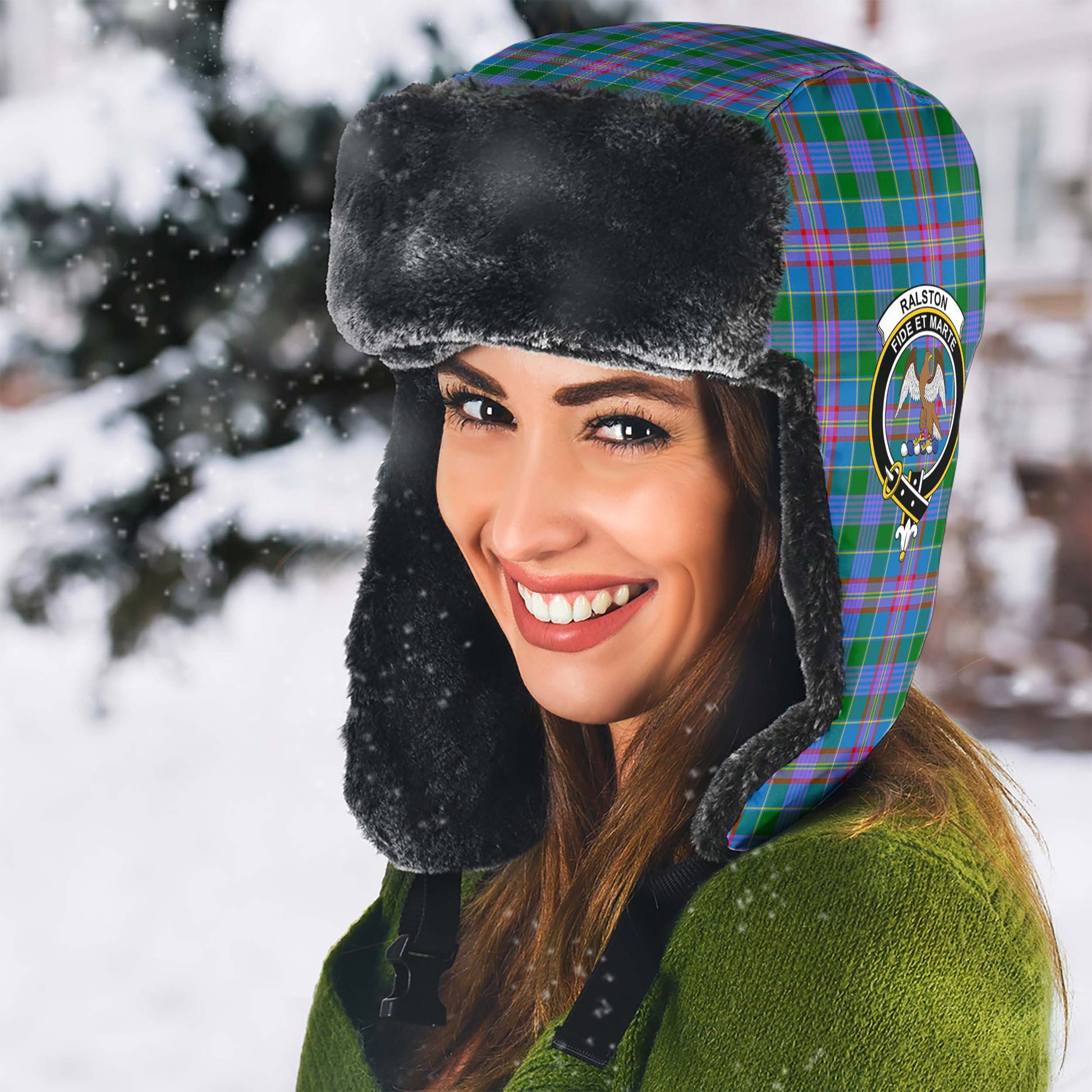 Ralston Tartan Winter Trapper Hat with Family Crest - Tartanvibesclothing