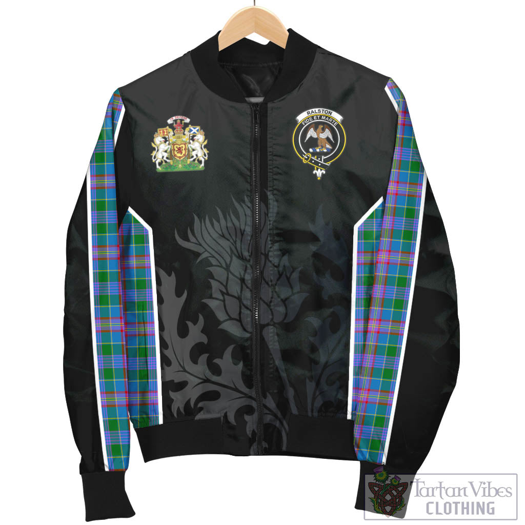 Tartan Vibes Clothing Ralston Tartan Bomber Jacket with Family Crest and Scottish Thistle Vibes Sport Style