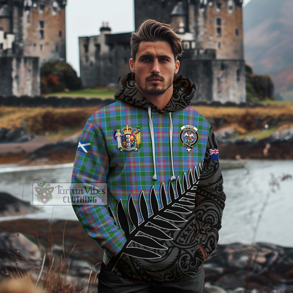 Tartan Vibes Clothing Ralston Crest Tartan Cotton Hoodie with New Zealand Silver Fern Half Style