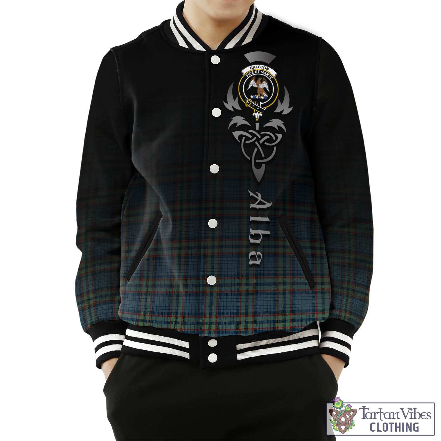 Tartan Vibes Clothing Ralston UK Tartan Baseball Jacket Featuring Alba Gu Brath Family Crest Celtic Inspired