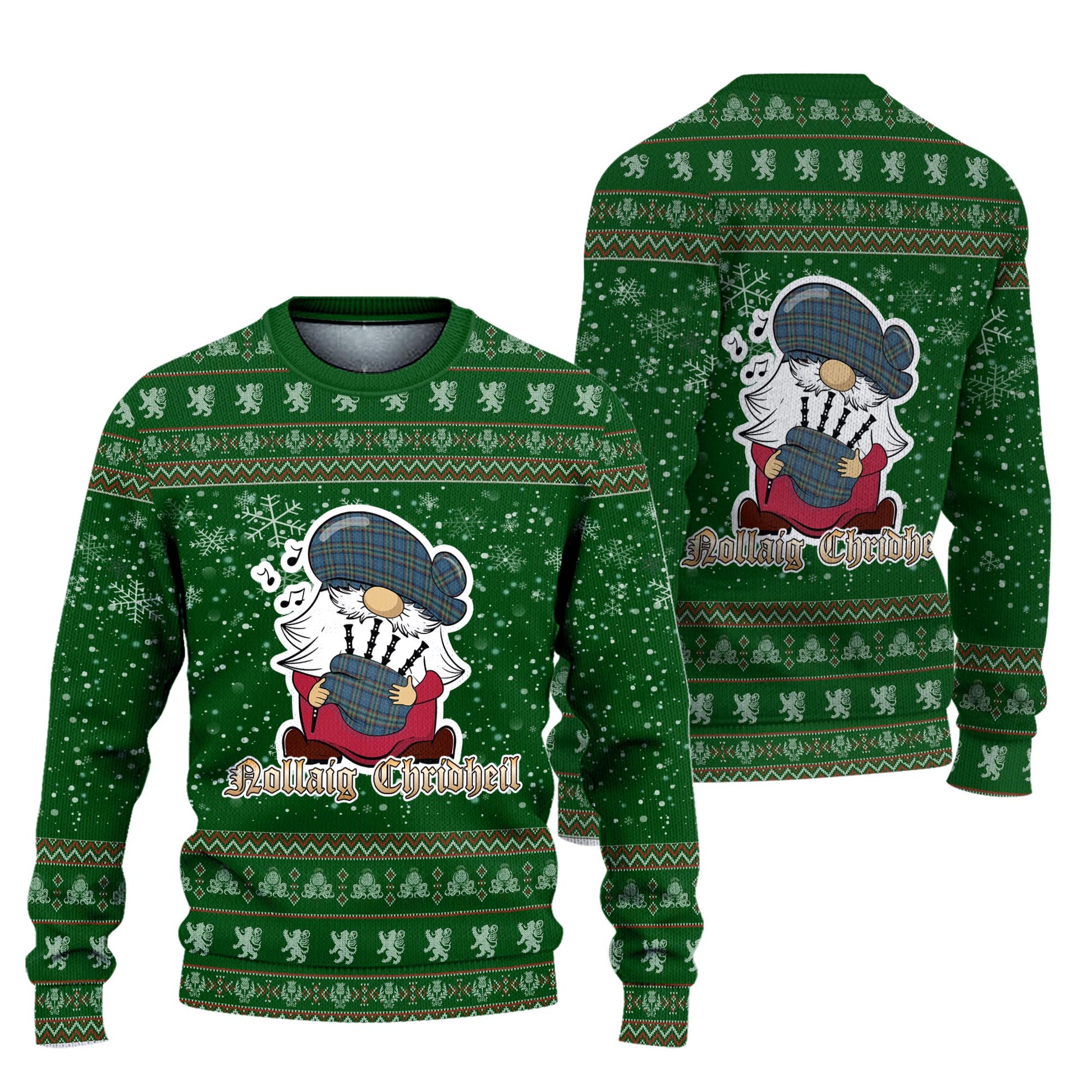 Ralston UK Clan Christmas Family Knitted Sweater with Funny Gnome Playing Bagpipes Unisex Green - Tartanvibesclothing