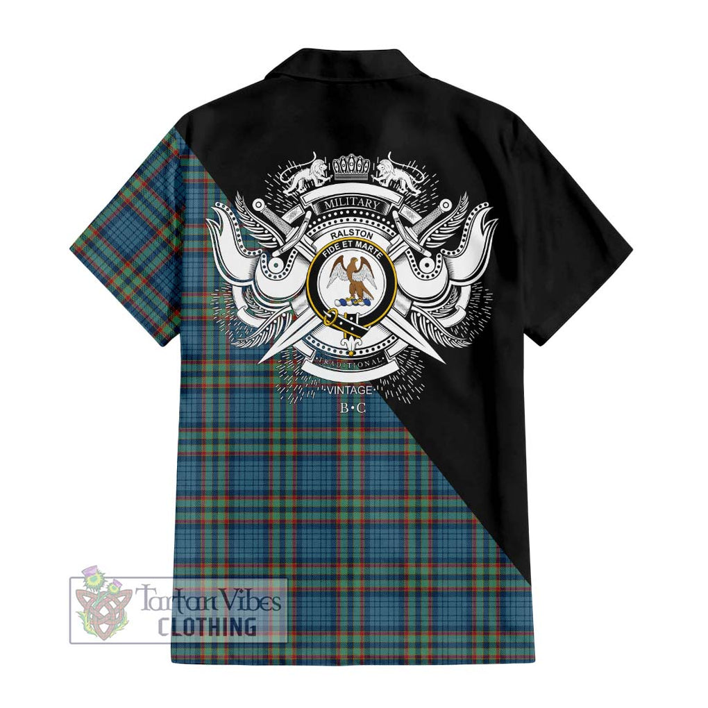 Ralston UK Tartan Short Sleeve Button Shirt with Family Crest and Military Logo Style - Tartanvibesclothing Shop