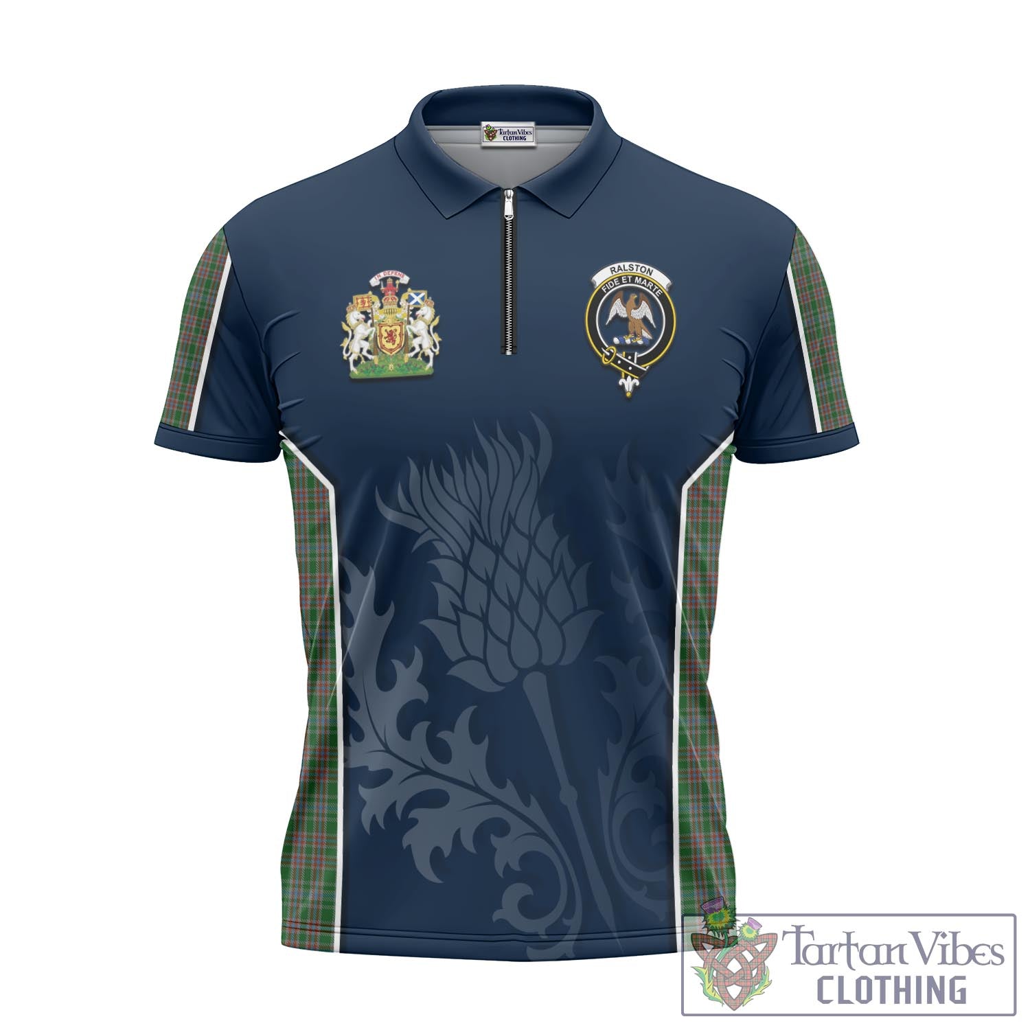 Tartan Vibes Clothing Ralston USA Tartan Zipper Polo Shirt with Family Crest and Scottish Thistle Vibes Sport Style