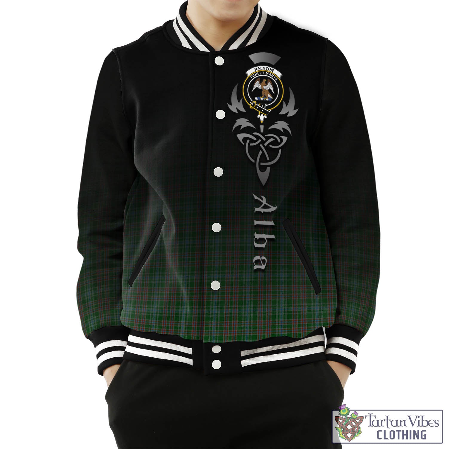 Tartan Vibes Clothing Ralston USA Tartan Baseball Jacket Featuring Alba Gu Brath Family Crest Celtic Inspired