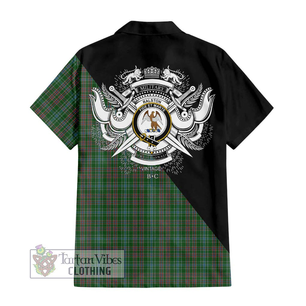 Ralston USA Tartan Short Sleeve Button Shirt with Family Crest and Military Logo Style - Tartanvibesclothing Shop