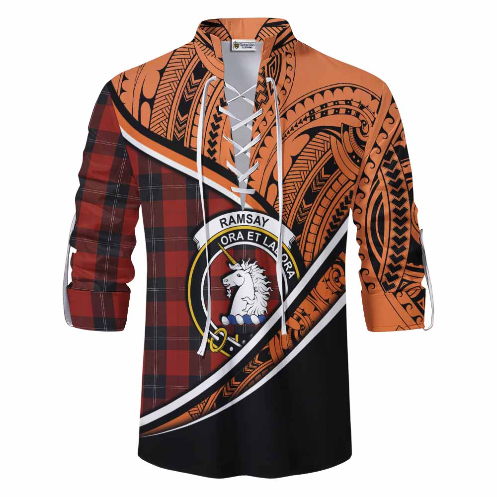 Tartan Vibes Clothing Ramsay Crest Tartan Ghillie Kilt Shirt with Maori Tattoo Style - Orange Version