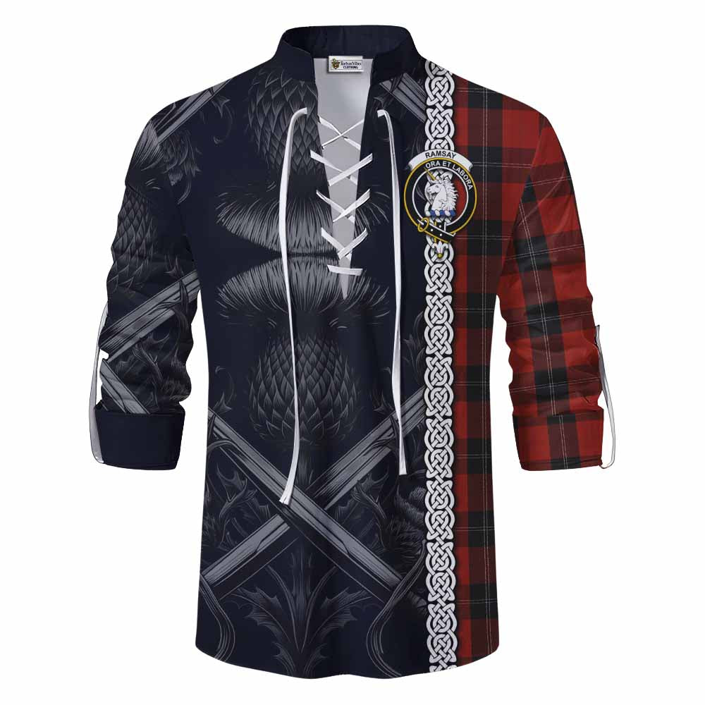 Tartan Vibes Clothing Ramsay Tartan Ghillie Kilt Shirt with Family Crest Cross Sword Thistle Celtic Vibes