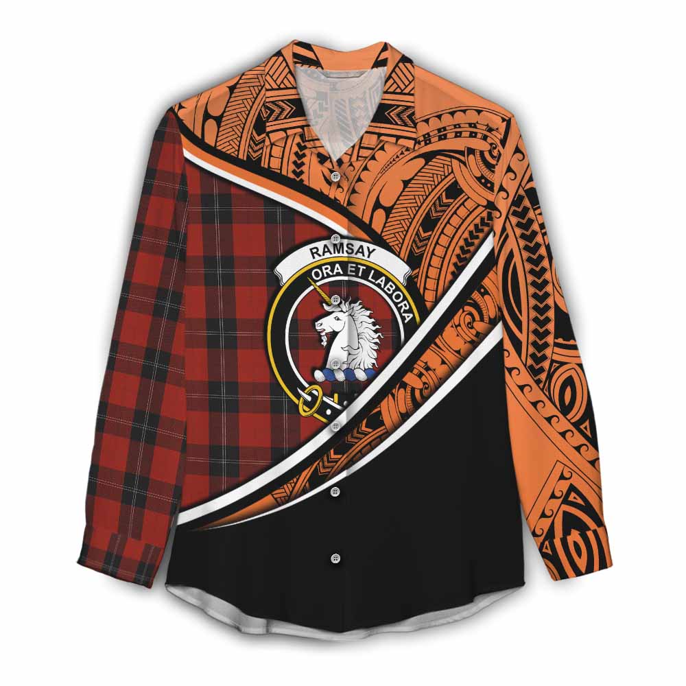 Tartan Vibes Clothing Ramsay Crest Tartan Women's Casual Shirt with Maori Tattoo Style - Orange Version