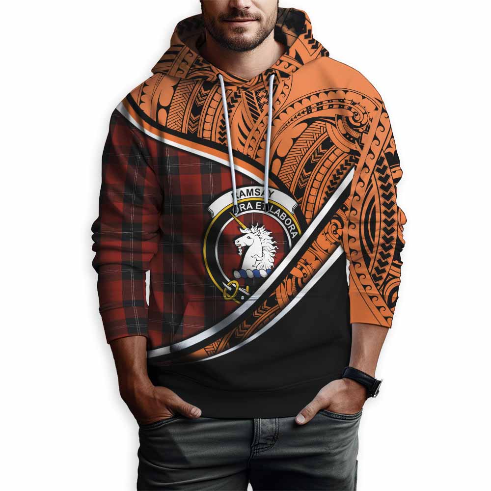 Tartan Vibes Clothing Ramsay Crest Tartan Hoodie with Maori Tattoo Style - Orange Version