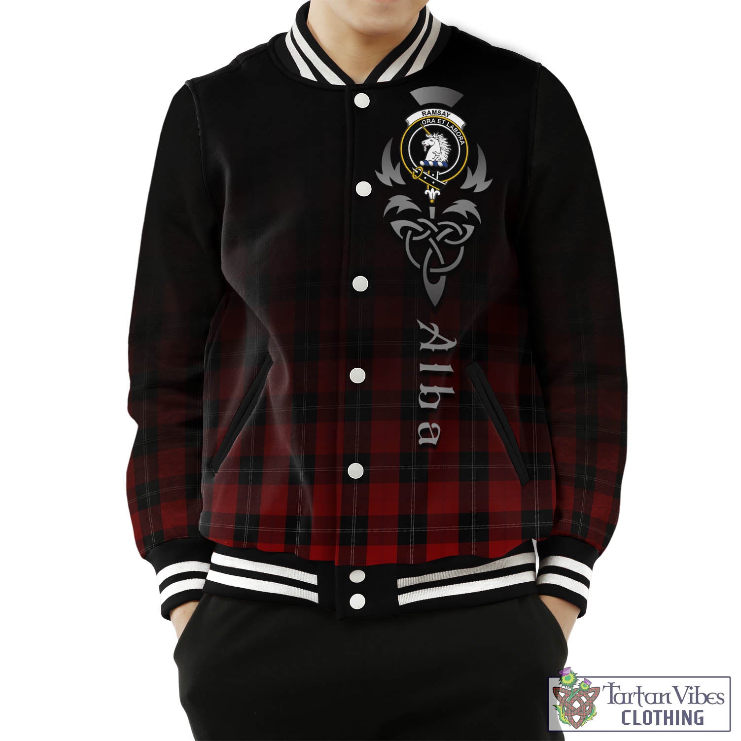 Tartan Vibes Clothing Ramsay Tartan Baseball Jacket Featuring Alba Gu Brath Family Crest Celtic Inspired