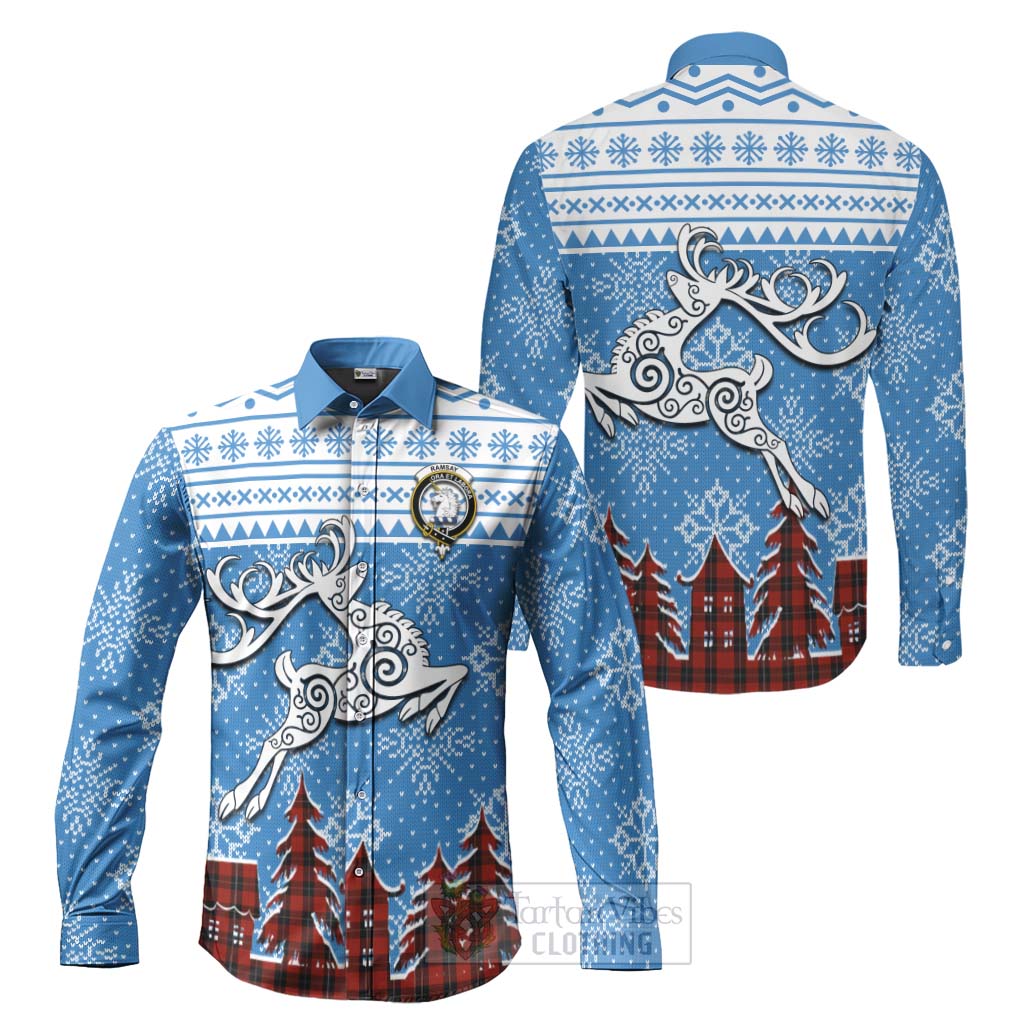 Ramsay Clan Christmas Long Sleeve Button Shirt Celtic Reindeer Style Men's Shirt S - Tartan Vibes Clothing