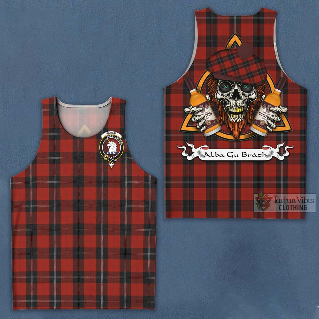 Tartan Vibes Clothing Ramsay Tartan Men's Tank Top with Family Crest and Bearded Skull Holding Bottles of Whiskey