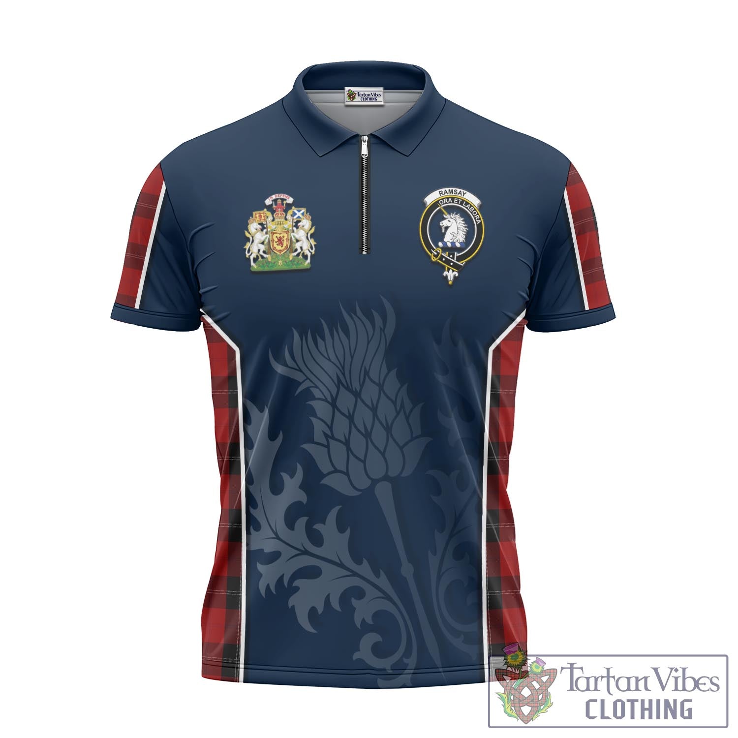 Tartan Vibes Clothing Ramsay Tartan Zipper Polo Shirt with Family Crest and Scottish Thistle Vibes Sport Style