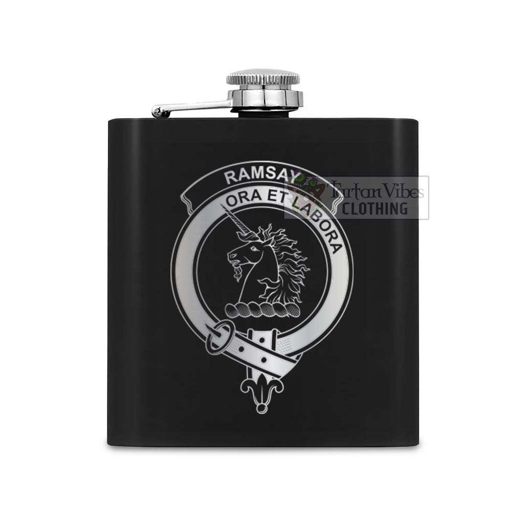 Tartan Vibes Clothing Ramsay Crest Hip Flask Set 7oz Black Stainless Steel with A Gift Box