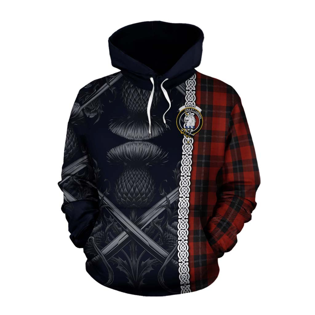 Tartan Vibes Clothing Ramsay Tartan Cotton Hoodie with Family Crest Cross Sword Thistle Celtic Vibes