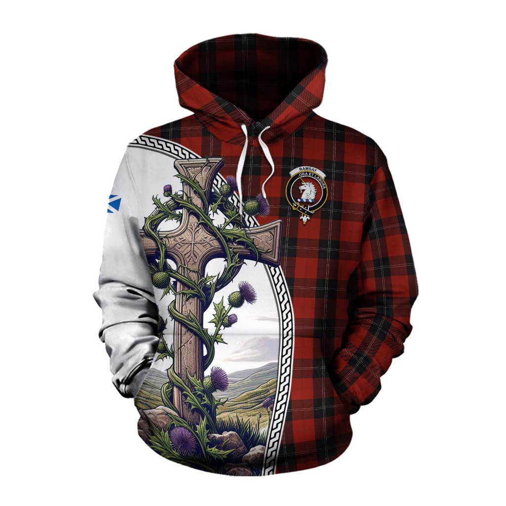 Tartan Vibes Clothing Ramsay Tartan Cotton Hoodie with Family Crest and St. Andrew's Cross Accented by Thistle Vines