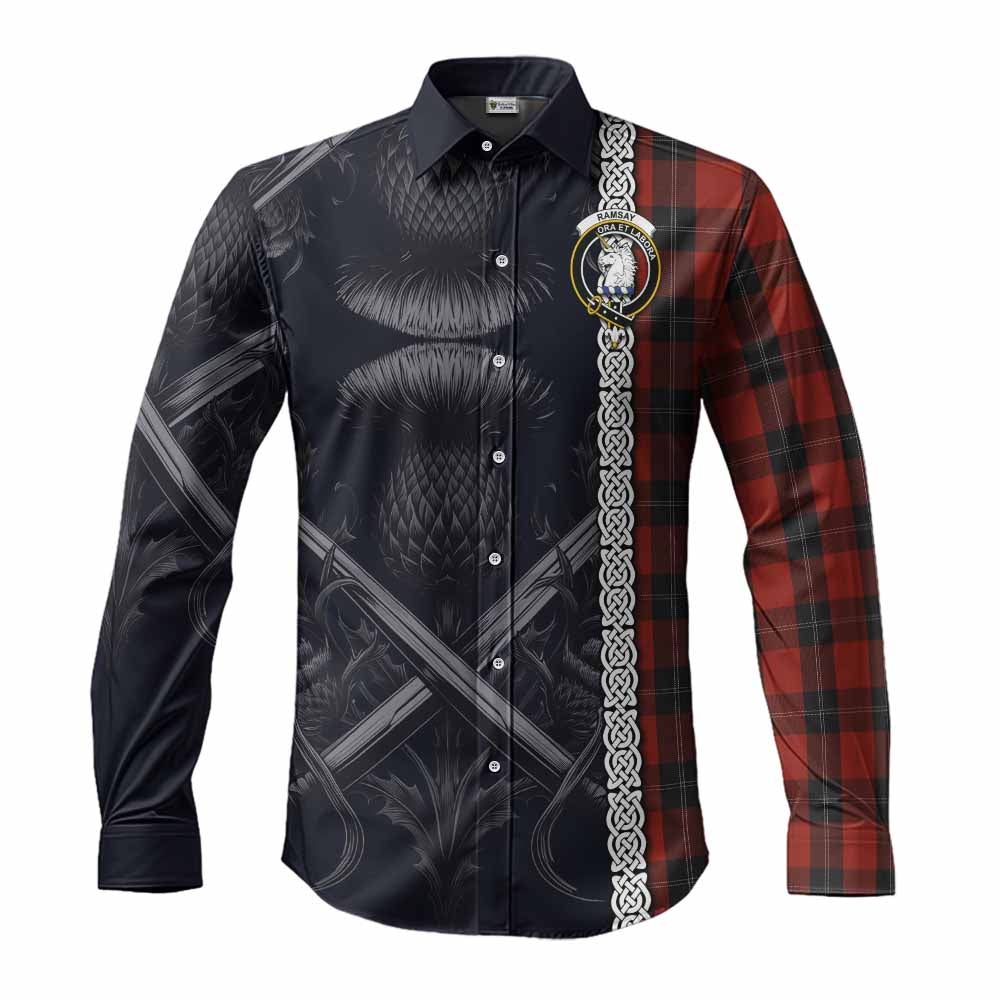 Tartan Vibes Clothing Ramsay Tartan Long Sleeve Button Shirt with Family Crest Cross Sword Thistle Celtic Vibes