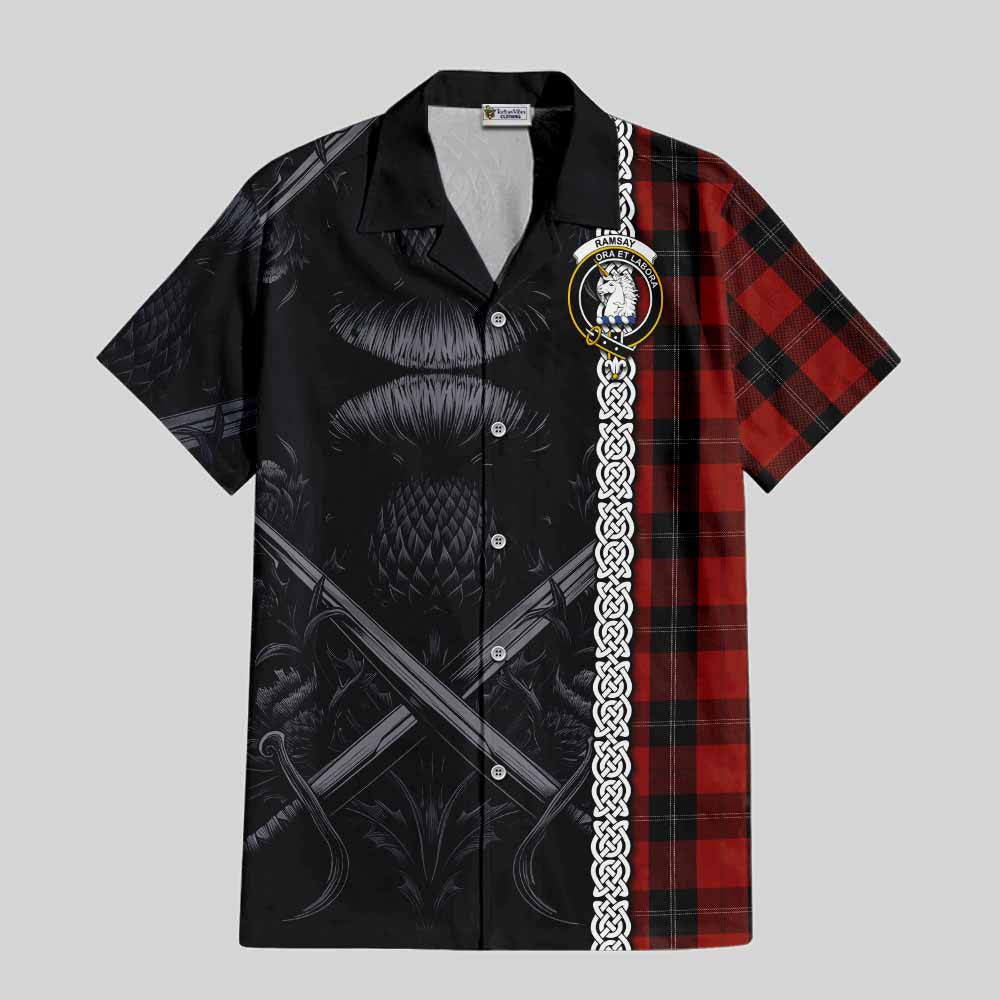 Tartan Vibes Clothing Ramsay Tartan Short Sleeve Button Shirt with Family Crest Cross Sword Thistle Celtic Vibes