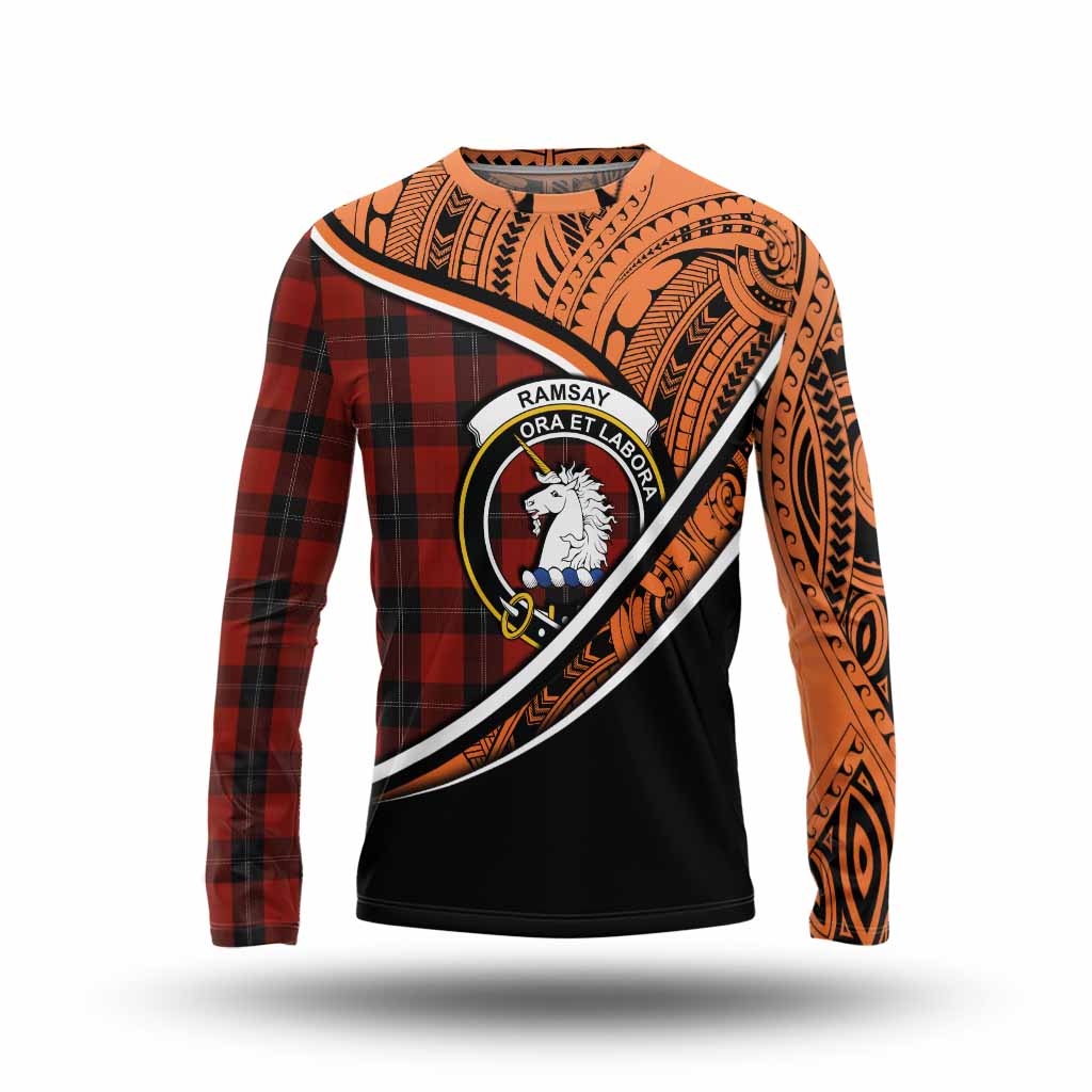 Tartan Vibes Clothing Ramsay Crest Tartan Long Sleeve T-Shirt with Maori Tattoo Style - Orange Version